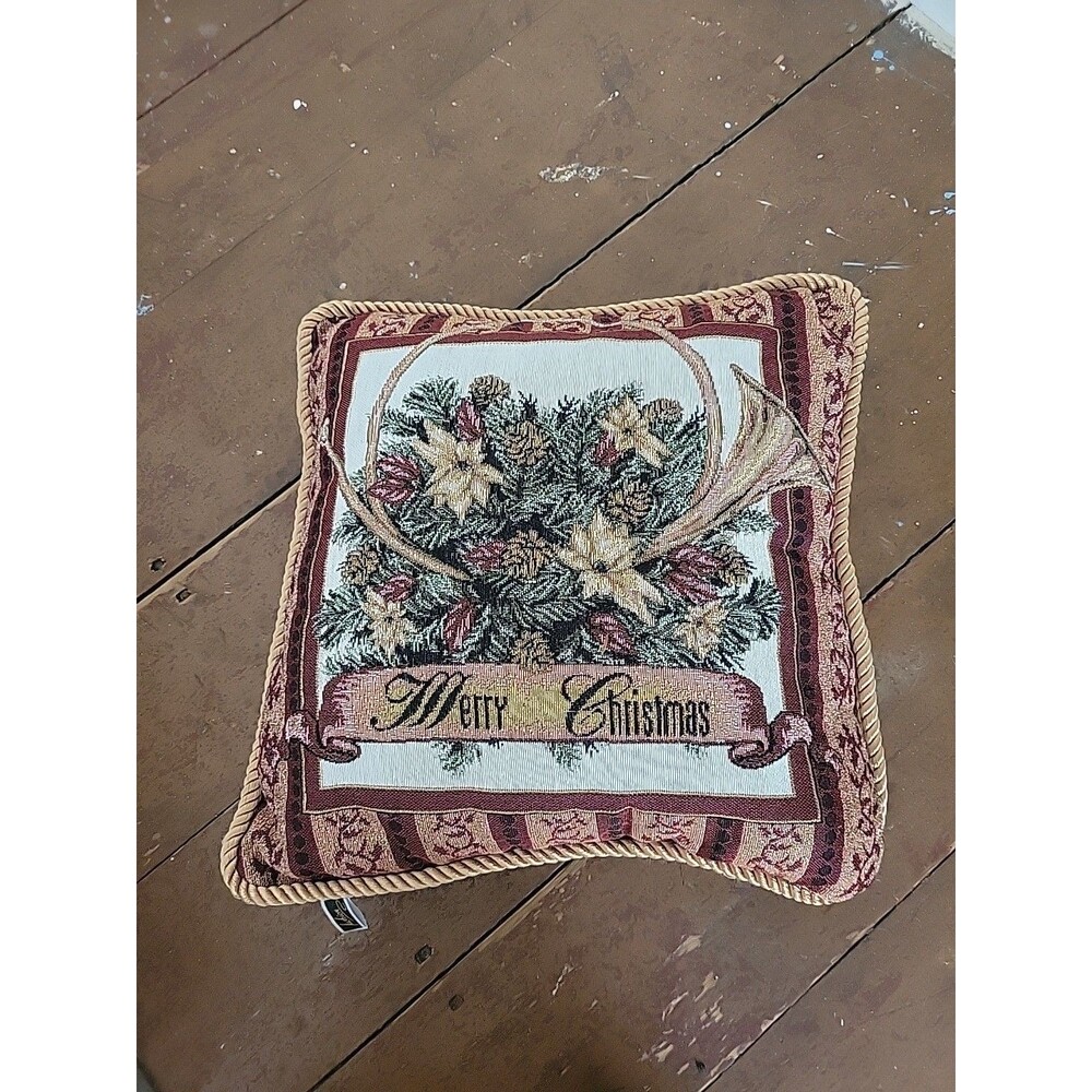 Merry Christmas Tapestry Throw Pillow Poinsettia Flowers Gold Vtg 14" Square